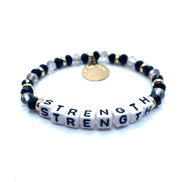 Strength Beaded Stretch Word Bracelet Black Gold Tone - Picture 3 of 4
